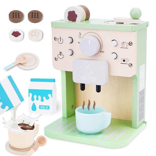 Coffee Maker for Kids, 12Pcs Kids Coffee Playset Pretend Play Toys, Wooden Play Kitchen Accessories Toddler Toy Coffee Maker Set for 3 4 5 Years Old Girls Boys Birthday Gifts