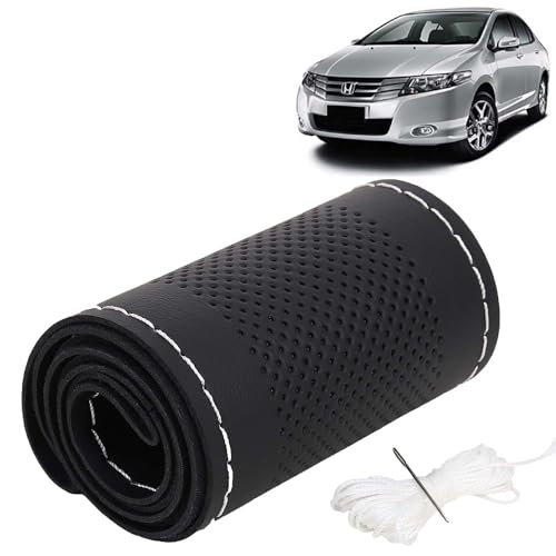 Image of KINGSWAY PU Leatherite Car Steering Cover Sewable Compatible with Honda City (Year 2009-2013), Black Color with Silver Thread, Pack of 1 with Sewing Needle and Thread