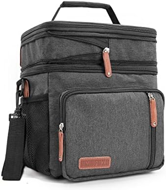 UMUFUKA Men's Double Compartment Lunch Bag, Insulated Lunch Cooler Tote 2 Roomy Large Reusable Water-resistant Lunch Box (Black)