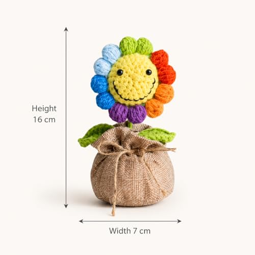 Image of Handmade Crochet Rainbow Smiley Flower in Jute Bag 16 cm, Mini Artificial Crochet Flower Pot, Cute Desk Decor for Home, Office Table, Shelf, Birthday, Friendship & Thank You Gift