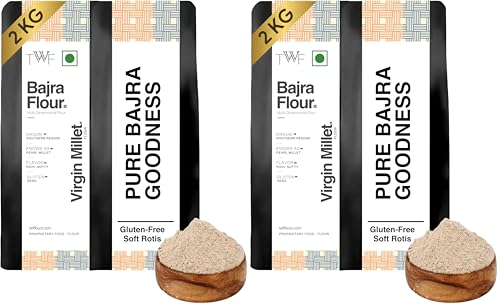 Image of TWF Bajra Flour | 2 Kg | 100% Bajra Millet Flour | Pearl Millet Atta | Natural & Gluten Free | Hulled | Stone Ground | Rich in Iron | High Fibre Atta | Ideal for Bhakri, Roti, Thepla | No Maida | No Additives
