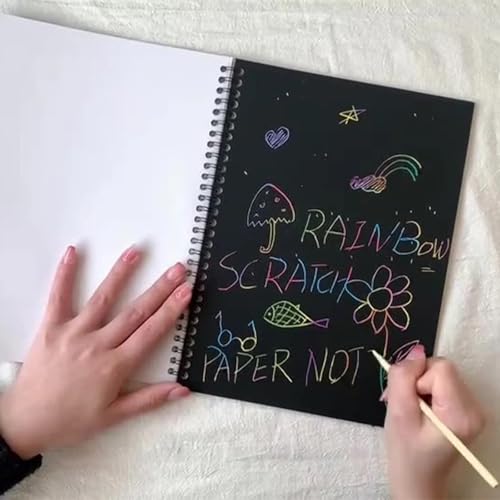 Image of SEREBRUM A4 Size Scratch Art Books for Kids,Rainbow Magic Scratch Paper Black Scratch it Off Art Crafts Notes Boards Sheet with Wooden Stylus - Pack of 1