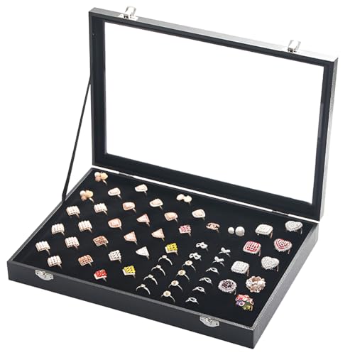 Anillos de la Joyería Caja, Bandeja Organizadora de 100 Ranuras para Anillos con tapa Transparente, 36 * 25 * 5cm, Terciopelo, Negro