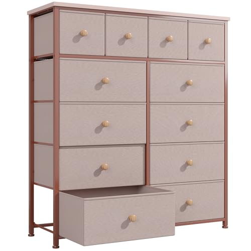 Image of Bepatio Dresser for Bedroom with 12 Drawers, Fabric Dressers & Chest of Drawers with Sturdy Metal Frame, Wood Top, for Woman, 40.6" W x 11.8" D x 44.5" H (Pink)