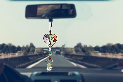 Healing Crystal Decor Tree of Life Car Hanging Accessories Suncatcher with Wings 7 Chakras Window Hanging Decor Meditation Ornaments Home Decoration (Heart+Round) - Image 3