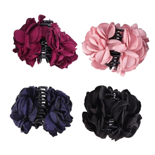 Pince à cheveux fleur en tissu cadeau anniversaire, pack de 4 pinces roses