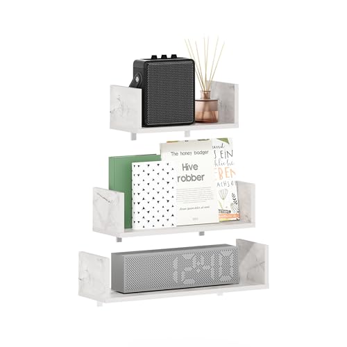 Image of Furinno Rossi Bedroom Decor Wall Mounted Floating Display Shelves with Invisible Brackets, Set of 3, Marble White | 11.7 inch, 15.7 inch, 18.9 inch Width, U-Shape Rectangular Wall Shelf Set, Wall Mounted Shelves, for Bathroom, Home Office, Living Room