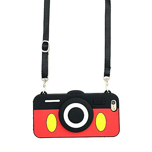 Mickey Mouse Camera Case with Length Adjustable Strap for iPhone 7 8 iPhone7 iPhone8 Regular Soft Silicone Red Black Color 3D Disney Cartoon Protective Lovely Kids Teens Girls Women Boys