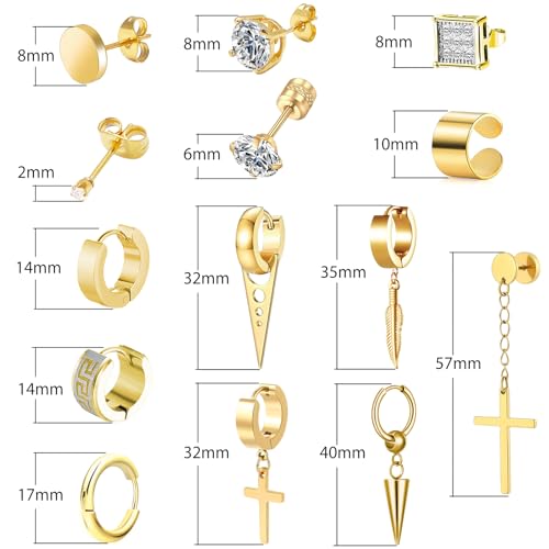 14 Pairs Earrings for Men and Women - Black Stud, Hoop, Cross, and Dangling Earrings Set - Stainless Steel Ear Cuffs Piercing Jewelry4