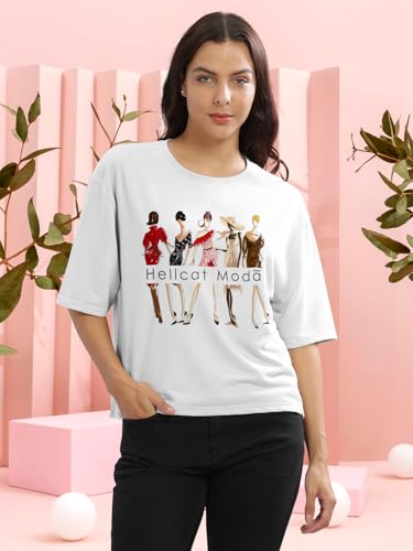 Image of HELLCAT Beige Printed Loose Fit Crew-Neck Crop T-Shirt for Women