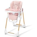 Babilous Foldable High Chair with Soft Cushion, High Chairs for Babies and Toddlers, Height Adjustable Feeding Chair, Adjustable Backrest and Footrest, Lockable Wheels, Woodgrain Star Pink