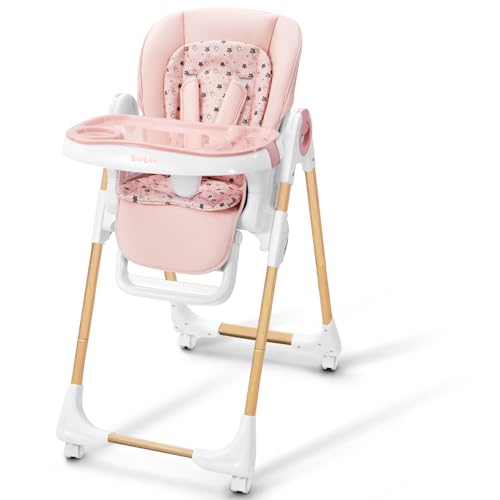 Image of Babilous Foldable High Chair with Soft Cushion, High Chairs for Babies and Toddlers, Height Adjustable Feeding Chair, Adjustable Backrest and Footrest, Lockable Wheels, Woodgrain Star Pink