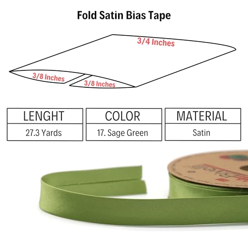 Image of Fold Satin Bias Tape - 99+ Colors - 3 /4 Inches Wide - 27 Yards - Fold Satin Binding Bias Ribbon Fabric Piping Bias Binding Tape for Sewing Clothing DIY (17. Sage Green) BYS17