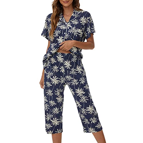 Image of Tugege Capri Pajamas Set Womens Button Down Short Sleeve Lounge Sets Sleepwear Notch Collar Top & Capri 2 Piece PJ Sets