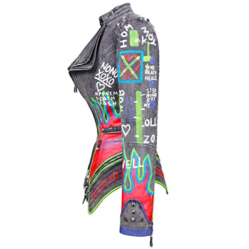 Fashion SX Women's hand-painted pattern fashion studs perfect shaping bicycle jacket motorcycle denim zipper jacket3