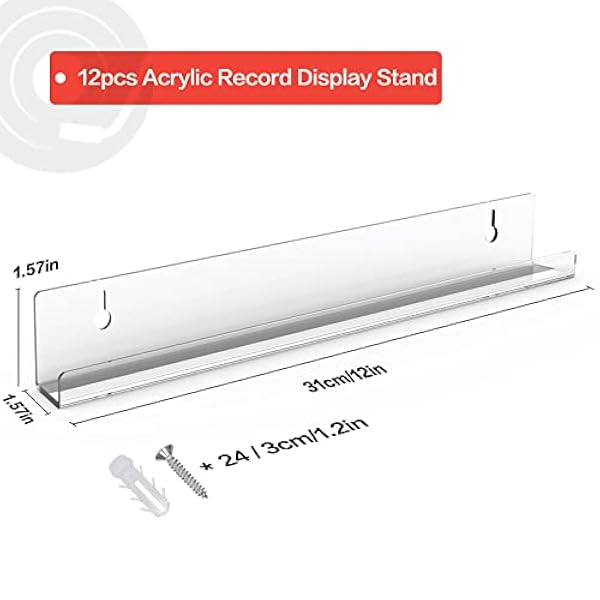 Giyiprpi Paquete de 12 estantes de vinilo para pared, soporte de discos de acrílico transparente para exhibición diaria, estantes flotantes con accesorios de instalación y herramientas