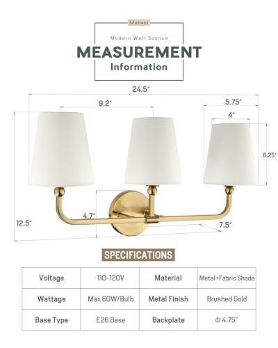 Image of Bathroom Light Fixtures, Brushed Gold Vanity Lights with Beige Fabric Shade, 3-Light Wall Sconce, Modern Sconces Wall Lighting for Hallway Bedroom, VL837-BG-B-3