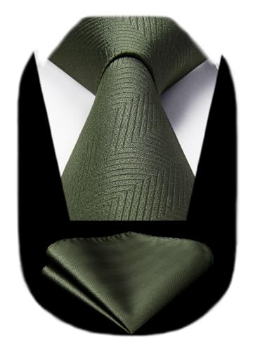 HISDERN Olive Green Tie Formal Wedding Tie and Pocket Square Set Classic Elegant Business Necktie and Handkerchief Party