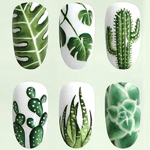 Cactus Nail Stickers Spring Water Transfer Nail Art Stickers Decal Flower Nail Decals For Acrylic Nail Green Cactus Flower Leaf Nail Design Nail Decoration For Women Girls Nail Supplies 12Pcs #TOP6