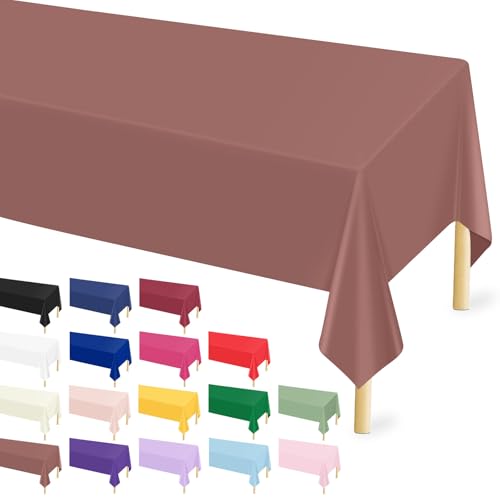 Image of Mulbozy 12 Pcs Brown Plastic Tablecloth for Rectangle Table, 54 x 108 inches Disposable Brown Party Table Covers for Birthday, Anniversary, Wedding, Fine Dining, Graduation Party Decoration