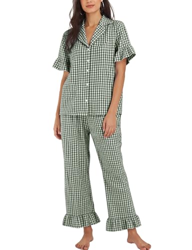 Flygo Womens Plaid Pajamas Sets 2 Piece Cotton Pj Set