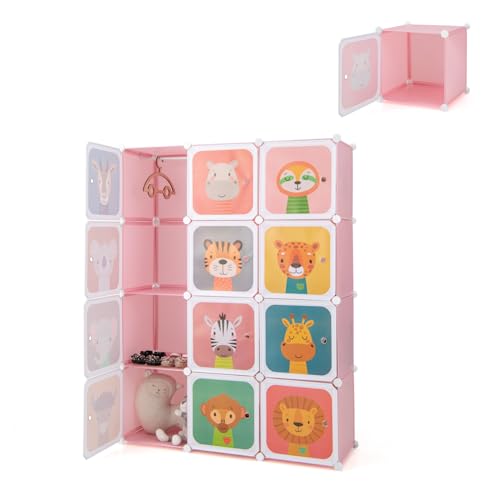 Maxmass 8/12 Cube Children Wardrobe, Portable Kids Clothes Closet with Hanging Sections, DIY Modular Storage Organizer for Nursery, Bedroom, Kindergarten (Pink Animal, 109 x 37 x 145 cm)