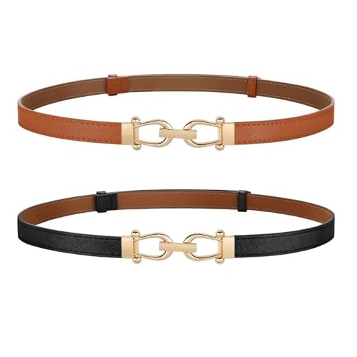 JASGOOD Pacote com 2 cintos femininos finos de couro sintético ajustáveis para calças jeans e vestidos com fivela dourada, Preto + marrom claro, Fit Waist 38''-43''