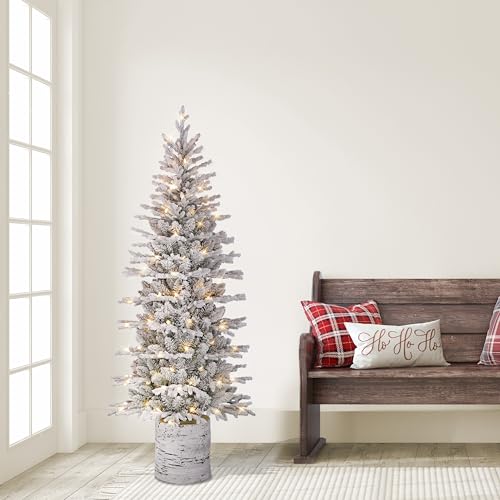 Puleo International 6ft Pre-Lit Potted Flocked Arctic Fir Pencil Christmas Tree with 120 Warm White Lights, 1325 Realistic Dense Snow Flocked Branch Tips, Easy Setup Artificial Trees with Sturdy Stand by Puleo International - Image 6