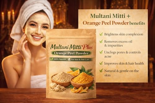 Image of Multani Mitti Plus Orange Peel Powder Face Pack, 100% Natural Herbal Skincare for Skin and Hair Care