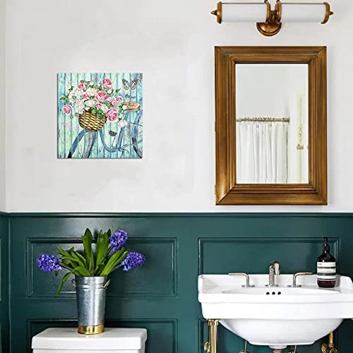 Anolyfi Aqua Flowers Painting Butterfly Canvas Wall Art Bicycle Vintage Roses Picture Summer Nature Artwork Framed For Bathroom Living Room Bedroom Kitchen Dinning Room Office Home Decor 14"X14" #TOP1