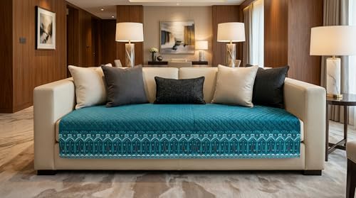 Image of Velvet L Shape 2+2 (4 Seater) Sofa Cover Fully Covered | Anti Skid Non Slip | Plain Aqua Blue | Washable Furniture Protector
