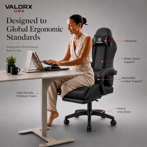 Image of ValorX USA Vector 2026 Edition I Ergonomic Gaming & Computer Chair in PU Leather | Dual Massager Back Cushion | Adjustable Neck & Lumbar Support | Ergo-Sync Armrests | Retractable Footrest (Black)