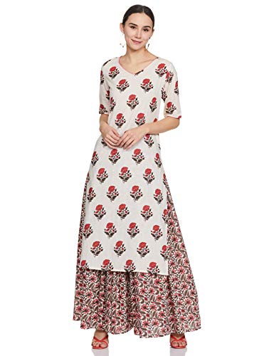 AKS Women Off-White & Pink Printed Kurta with Skirt