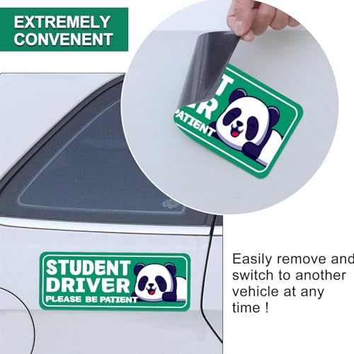 Image of Student Driver Please Be Patient Car Magnet, Green Panda Series Cute Picture, Patient With Reflective Magnetic Bumper Sticker Set Detachable, Novice Safety Signs.Set of 3