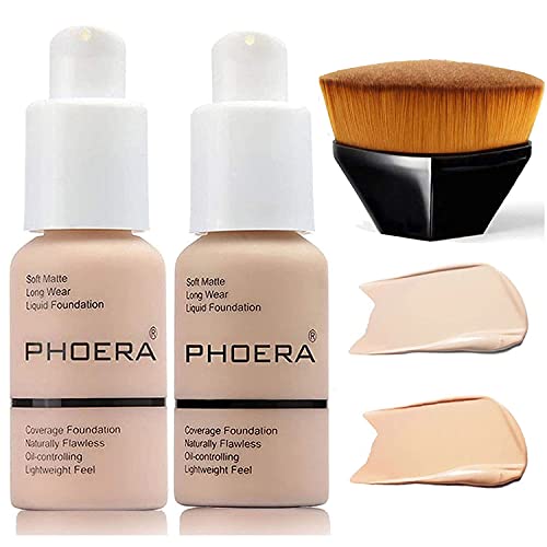 2 Pcs PHOERA Foundation 101 and 102 with Kabuki Foundation Brush Flat Top,Liquid Full Coverage Foundation Makeup Set,30ml PHOERA 24HR Matte Oil Control Concealer(Porcelain & Nude)