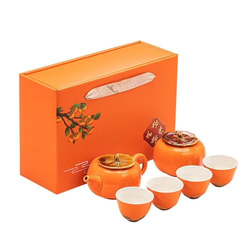 ZPGXLRZ Portable Gongfu Ceramic Tea Set - Beautiful Persimmon-Shaped Chinese Tea Set with Teapot, Tea Can & 4 Cups, Gift Boxed