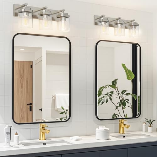 Image of Brushed Nickel Bathroom Light Fixtures, 3 Lights Bathroom Lighting Fixtures Over Mirror, Square Design & Rectangle Large Backplate, Modern Vanity Lighting Fixtures, for Living Room /Bedroom