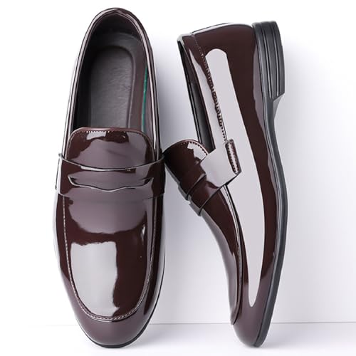 Mens Patent Leather Chunky Heel Penny Loafers Classic Smooth Pointed Toe Slip-On Low Heel Dress Tuxedo Shoes for Work Business Wedding Formal Shoes 7