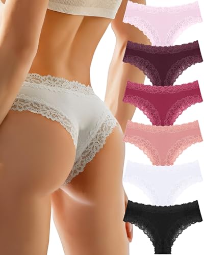 Image of FINETOO Cotton Underwear for Women Sexy Panties Lace Hipster Low Rise Breathable Womens Cheeky 6 Pack S-XL