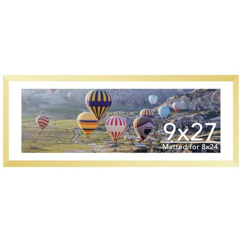 Image of JCJMY 9x27 Picture Frame with 8x24 Mat, Display Photo 8x24 with Mat or 9 x 27 Without Mat, Wall Hanging Large 9 by 27 Poster Frame with Plexiglass, Gold
