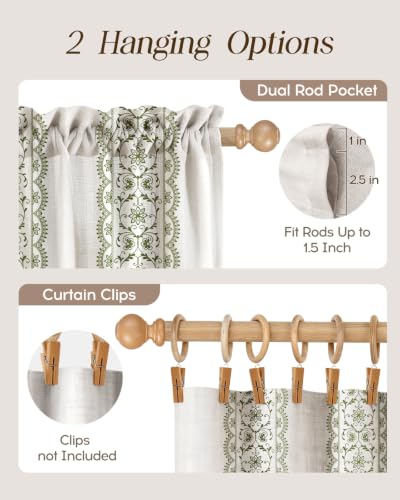 Image of Miss Adola Boho Kitchen Curtains - 45 Inch Length Linen Blend Green Floral Cafe Curtains Farmhouse Tier Curtain Short Drapes Rod Pocket for Bathroom Living Room Windows Light Filtering, 2 Panels