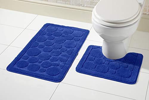 Olivia Rocco® Cali Bubbles 2 Piece Bath Mat & Pedestal Set, Non Slip Toilet Bathroom Set (Navy), Bath Mat 50 x 80 cm