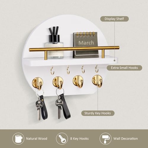 Nekon Key Holder for Wall - 9.8 Inch Apartment Wall Decor with Shelf and 8 Key Hooks, Circular Wood Key Hanger for Home Decor (White&Gold) - Cosy Home Interiors Nekon Key Holder for Wall - 9.8 Inch Apartment Wall Decor with Shelf and 8 Key Hooks, Circular Wood Key Hanger for Home Decor (White&Gold) - Image 2