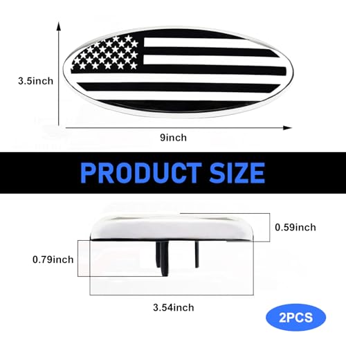 Image of Pack-2 Car Front Grille Badge Decoration, 9 inch x 3.5 inch ABS Base + Metal Rust-Proof American Flag Patriotic Personalized Label, Self-Adhesive Accessory, Compatible with Ford F150 F250 (Silver)