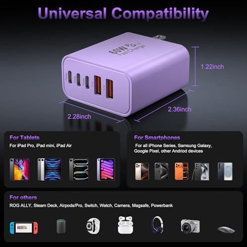 Image of USB C Fast Wall Charger Block, 2Pack 60W USBC Charging Cubes, 5-Port PD+QC Power Adapter Multiport Brick Type C Box Plug for Phone 17 /16 /15 /14 /13 /12 /11 /Pro Max /Plus, Pad Mini /Pro /S25 /S24-Lavender