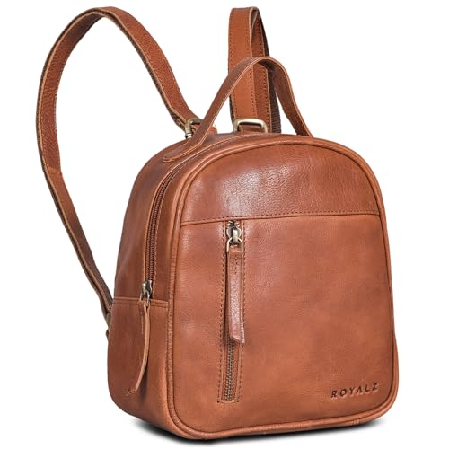 ROYALZ 'Olympia' Lässiger Kleiner Lederrucksack Damen Echtleder im Vintage Look - Eleganter Mini Rucksack perfekt als Tagesrucksack Cityrucksack Rucksackhandtasche, Farbe:Texas Braun