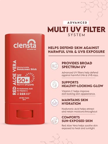 Image of Clensta Red Aloe Vera Sun Stick SPF 50 PA++++ with Hyaluronic Acid &1% Vitamin C | Broad Spectrum UVA & UVB Protection | No White Cast, Lightweight & Travel-Friendly | Easy Reapplication Sunscreen Stick | 20gm