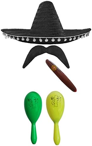 MEXICAN FANCY DRESS ACCESSORY SET. MEXICAN SOMBRERO + MARACAS + TASH. PERFECT FOR MEXICAN FANCY DRESS COSTUMES SENORITA BANDIT MARIACHI (BLACK POM POM SOMBRERO + GREEN AND RED MARACAS)