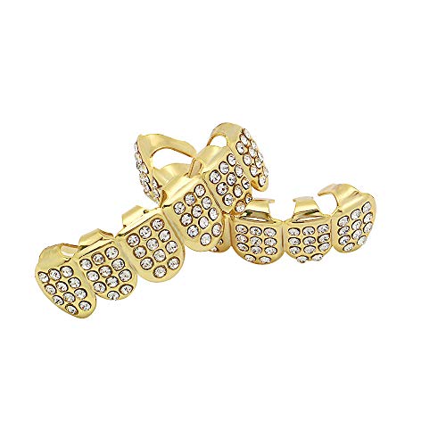 Oocc 18K Gold 6 Teeth Grillz Hip Hop Joker Diamond Top & Bottom Teeth Caps Grillz Set #TOP1