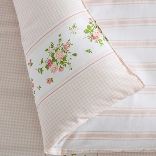 Image of Martha Stewart - King Comforter Set, 100% Cotton Reversible Bedding with Matching Pillowcases, Lightweight Bed Set, Floral Stripe Cottage Decor (Annabelle Pink)
